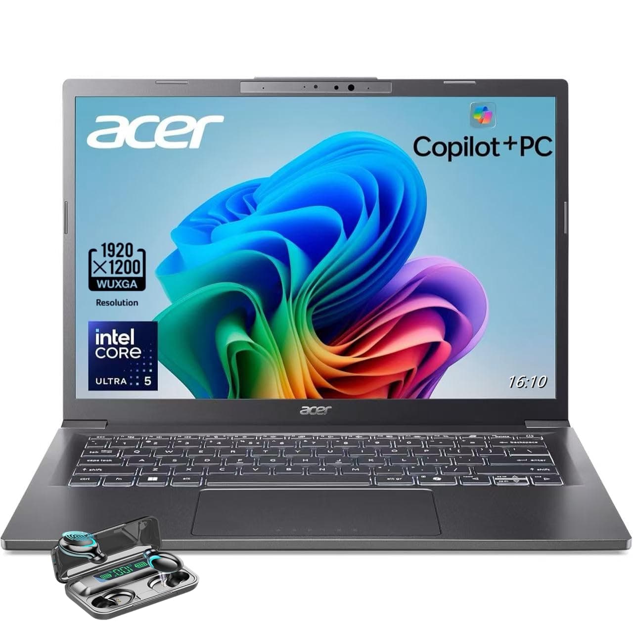 acer Aspire 14 Laptop, 14" WUXGA (1920 x 1200) Display, Intel Ultra 5-226V, AI Copilot+PC, 16GB LPDDR5X RAM, 1TB SSD, Windows 11 Home, Gray, TWE Wireless Earbuds