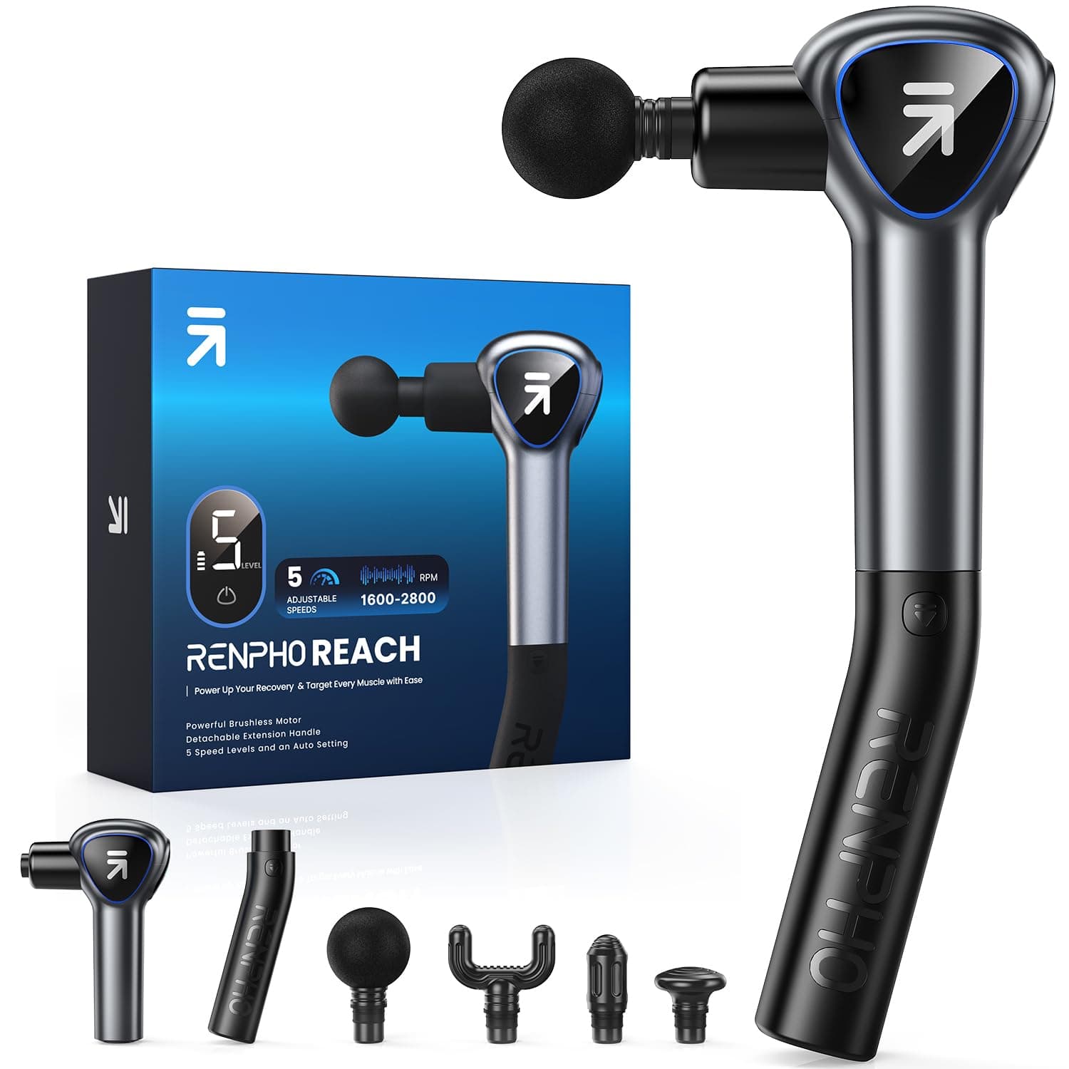 Massage Gun with Extension Handle, RENPHO Reach Mini Massage Gun, Massager, Muscle Massage Gun with Touchable LED Screen for Home Training, Muscle Relaxation, Best Gift, Black | Muscle Massage Gun with LED Touch Display, 5 Speed, 4 Heads, 2800 RPM for Difficult Areas