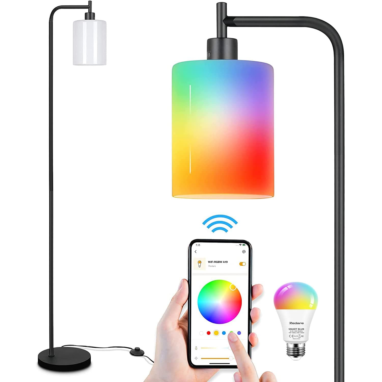 Redare Industrial Floor Lamp,Smart LED Floor Lamp with White Jade Glass Shade,Smart WiFi E27 RGBW Dimmable Bulb(Warm to Daylight), APP Control,Metal Standing Lamp for Living Room Bedroom Home Office