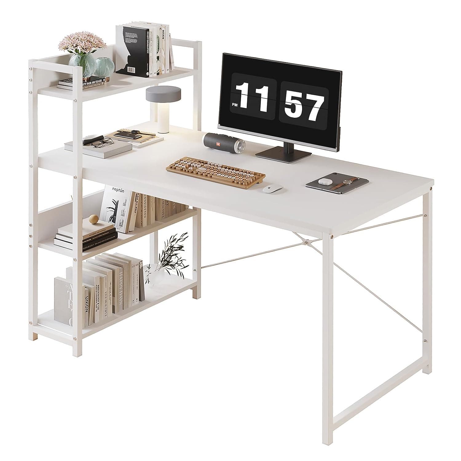 Jackenhome Study Desk with Bookshelf, Office Desk with Storage Shelf for Home Office Workstations, Modern Computer Desk for School, Office, Gaming, Small Space, 110 x 50 x 73 cm (White)