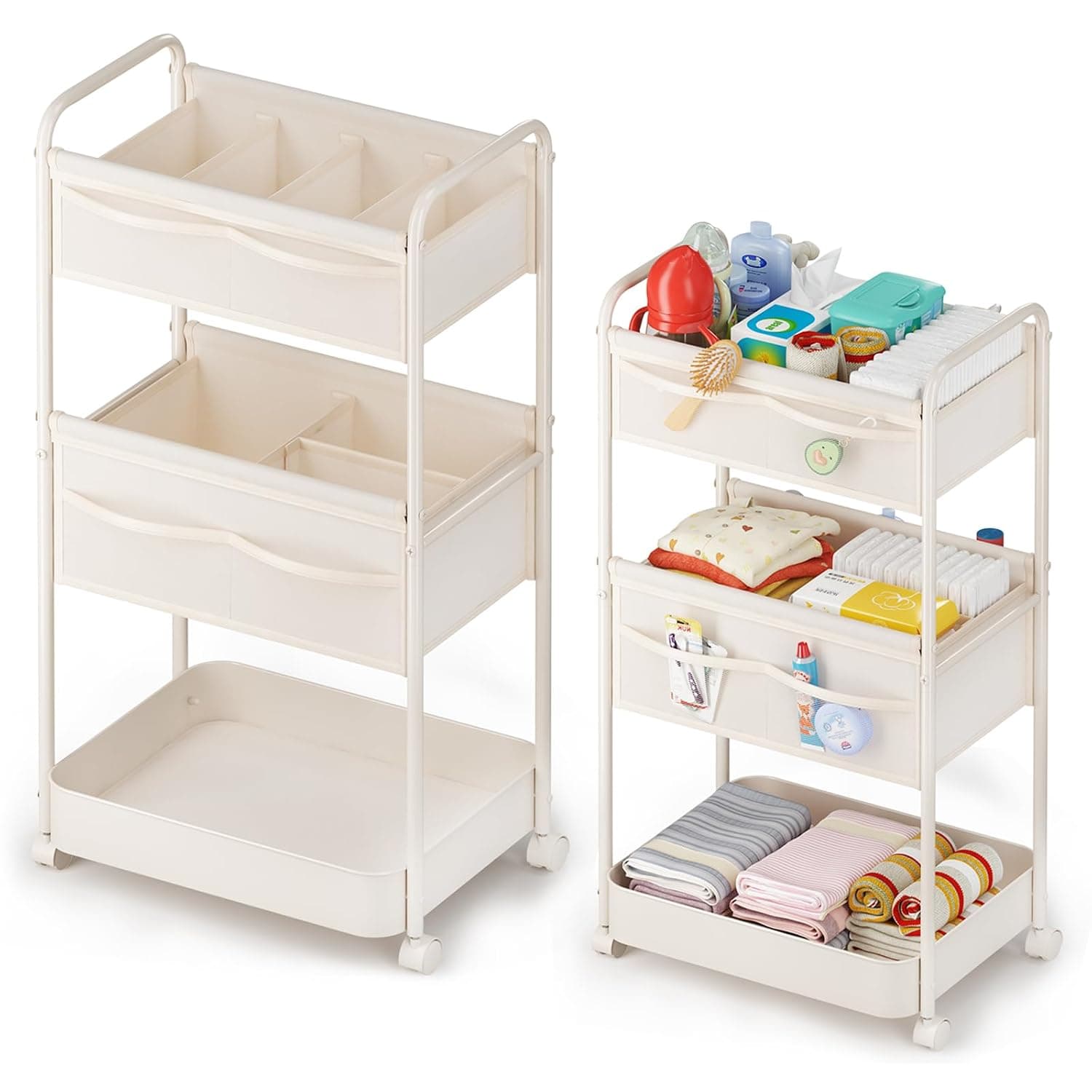 3-Tier Baby Diaper Caddy Organizer and Storage Cart, Diaper Caddy Cart with Dividers, Metal Detachable Bedside Cart for Baby Nursery Essentials, Large Capacity, Easy to Assemble, Beige