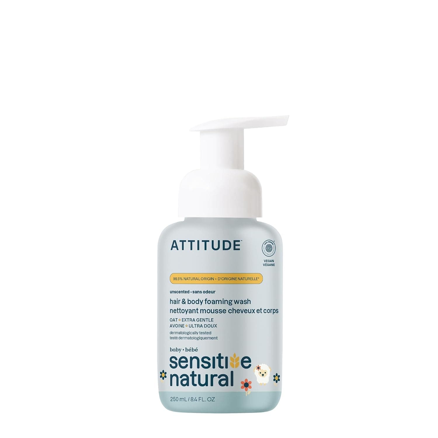 ATTITUDE, Sensitive Skin Care, Baby, 2-in-1, Natural Hair and Body Foaming Wash, Fragrance Free, 8.4 fl oz (250 ml)