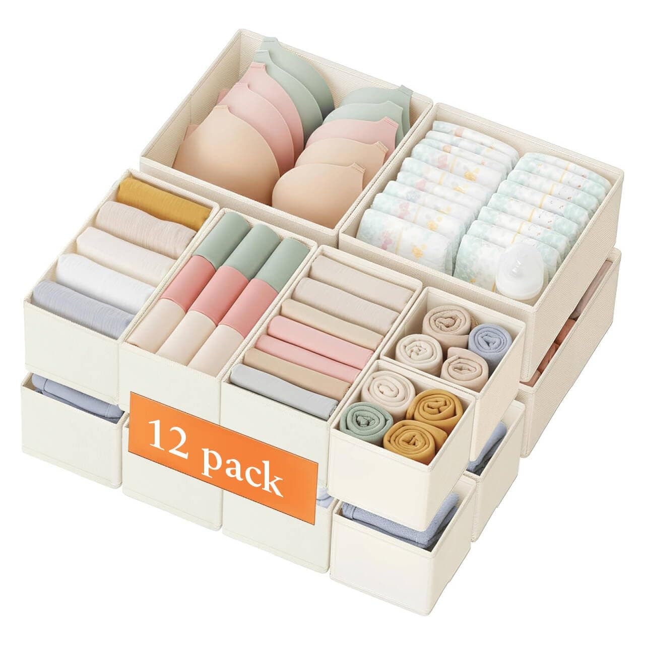 12 Pack Cloth Drawer Storage Organizer Boxes, Open Wardrobe Organiser for Baby Clothes, Underwear, Socks, Foldable Closet Organization Storage Dividers for Nursery, Bedroom, Dorm (Beige)