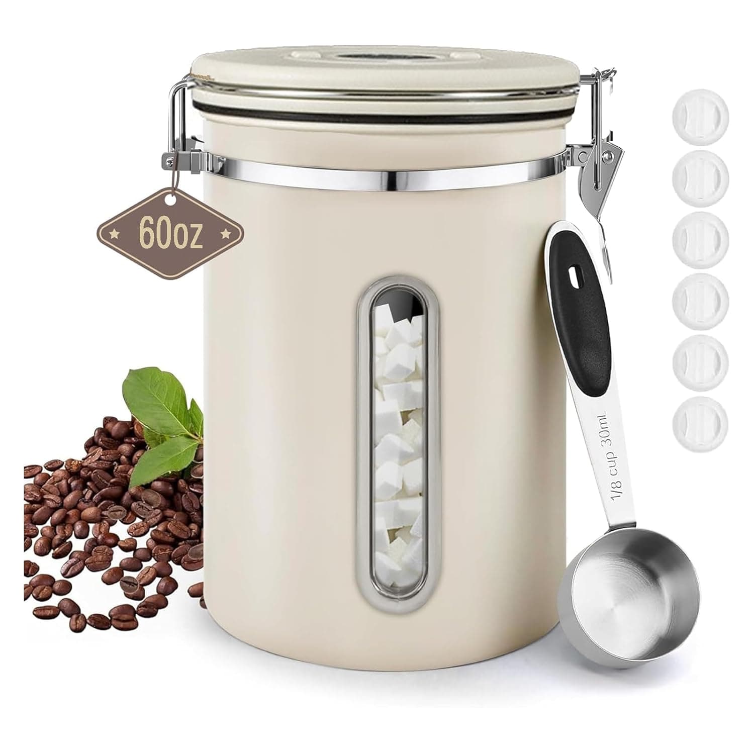 Coffee Canister with Window, Airtight Stainless Steel Kitchen Food Storage Container with Lids, Date Tracker and Scoop for Grounds Coffee, Beans, Tea, Flour, Cereal, Sugar Jars, 60OZ, Cream