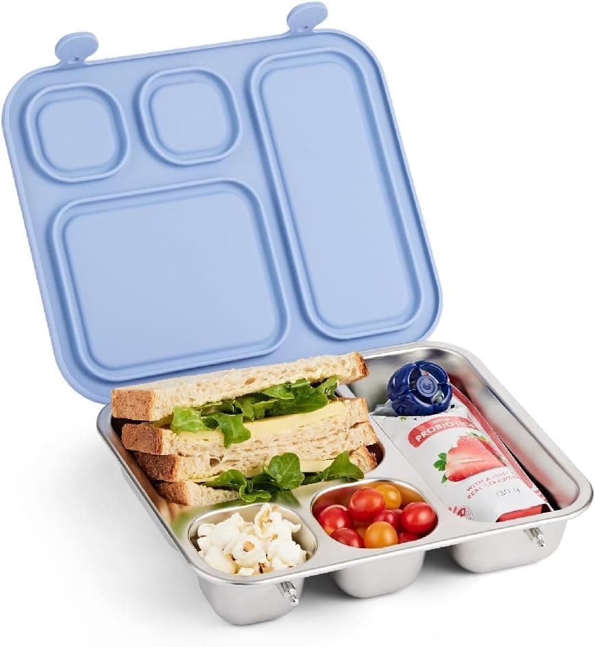 Elk and Friends Kids Stainless Steel Bento Box with Silicone Lid | Leak-proof | Toddler Lunch Container | 4 Compartments | Dishwasher Safe