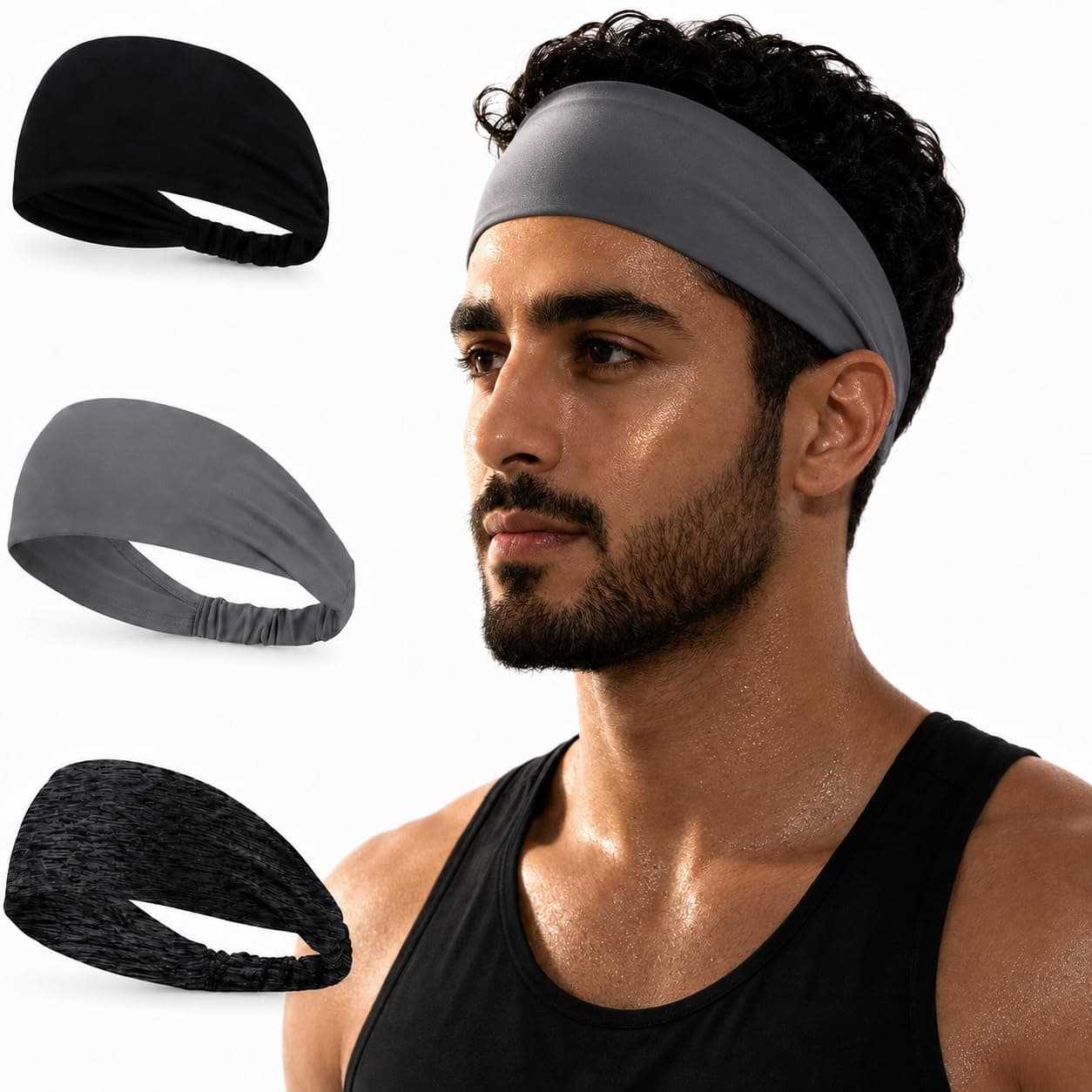 DHB 3D Cooling Sports Headbands 3 Pack, 5-Second Quick Dry Sweatband for Men Women, Breathable Stretch Hair Band for Running, Gym, Yoga, Cycling, Football, Black Grey Marble