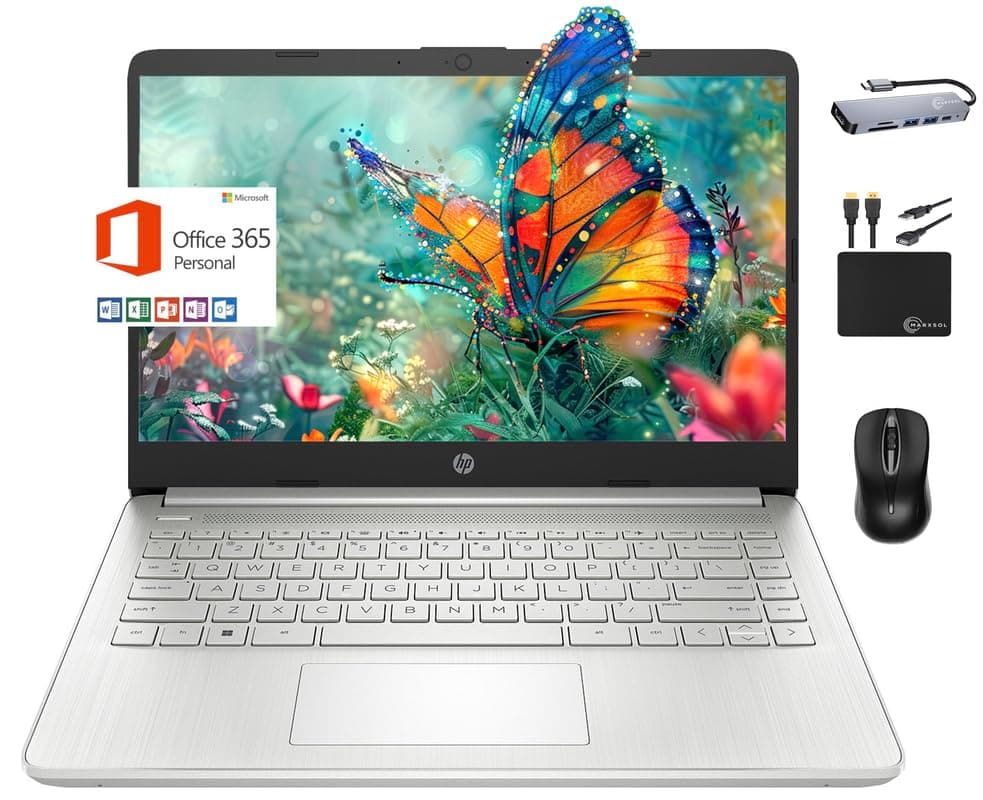 HP 14 Laptop Portable Slim 2024,14" HD Micro-Edge Display, Intel Quad-Core Pentium Processor, 8GB RAM, 256GB SSD Wi-Fi, Webcam, Fast Charge, 1-Yr MS 365, Long Battery, Win 11 +MarxsolAccessory Silver