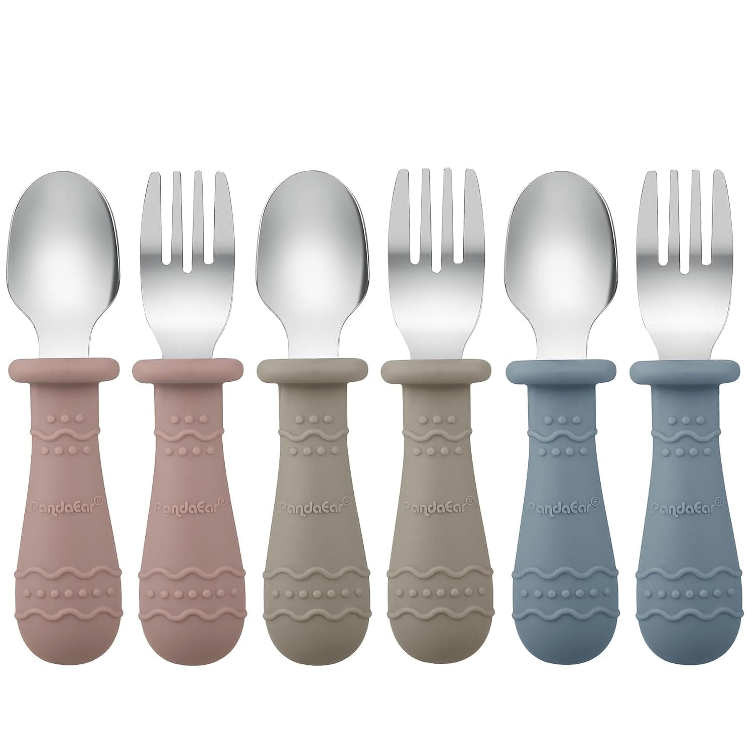 PandaEar Toddler Cutlery, 6-Pack Children's Spoons and Forks, 18/8 Stainless Steel & Food Grade Silicone Children's Cutlery, Dishwasher Safe (Blue/Brown/Red)