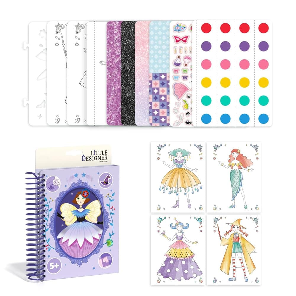 Fashion Design Sketchbook Set, Watercolor Drawing Book with Stencils Stickers Fabric Pieces, Creative Art Craft Kit, Portable Spiral Sketch Pad for Beginners, Little Designer Magic Club