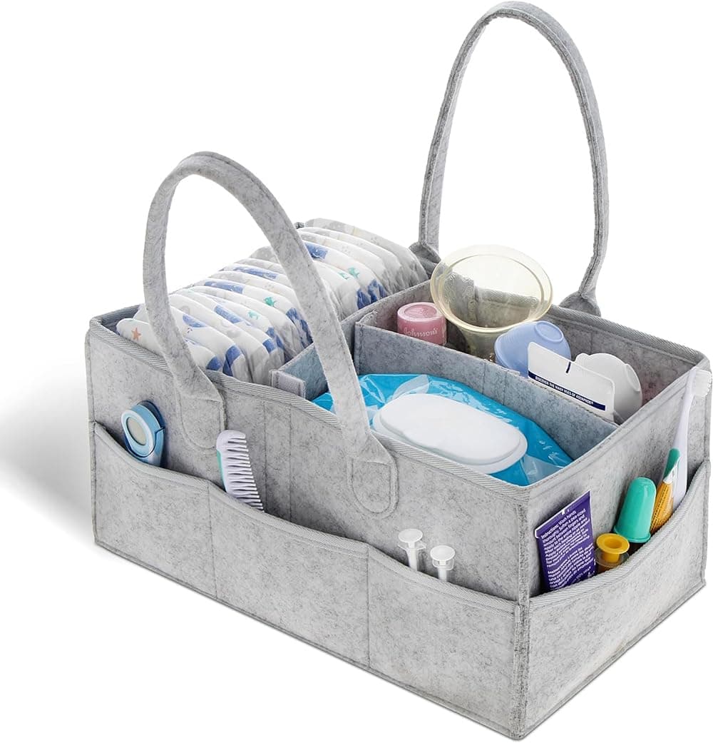 Baby Diaper Caddy Organizer,Foldable Felt Storage Bag, Portable Nursery Essentials Storage Basket Bin,Portable Car Travel Organizer for Changing Nappy, Wipes,Newborn Essentials (Light Grey)