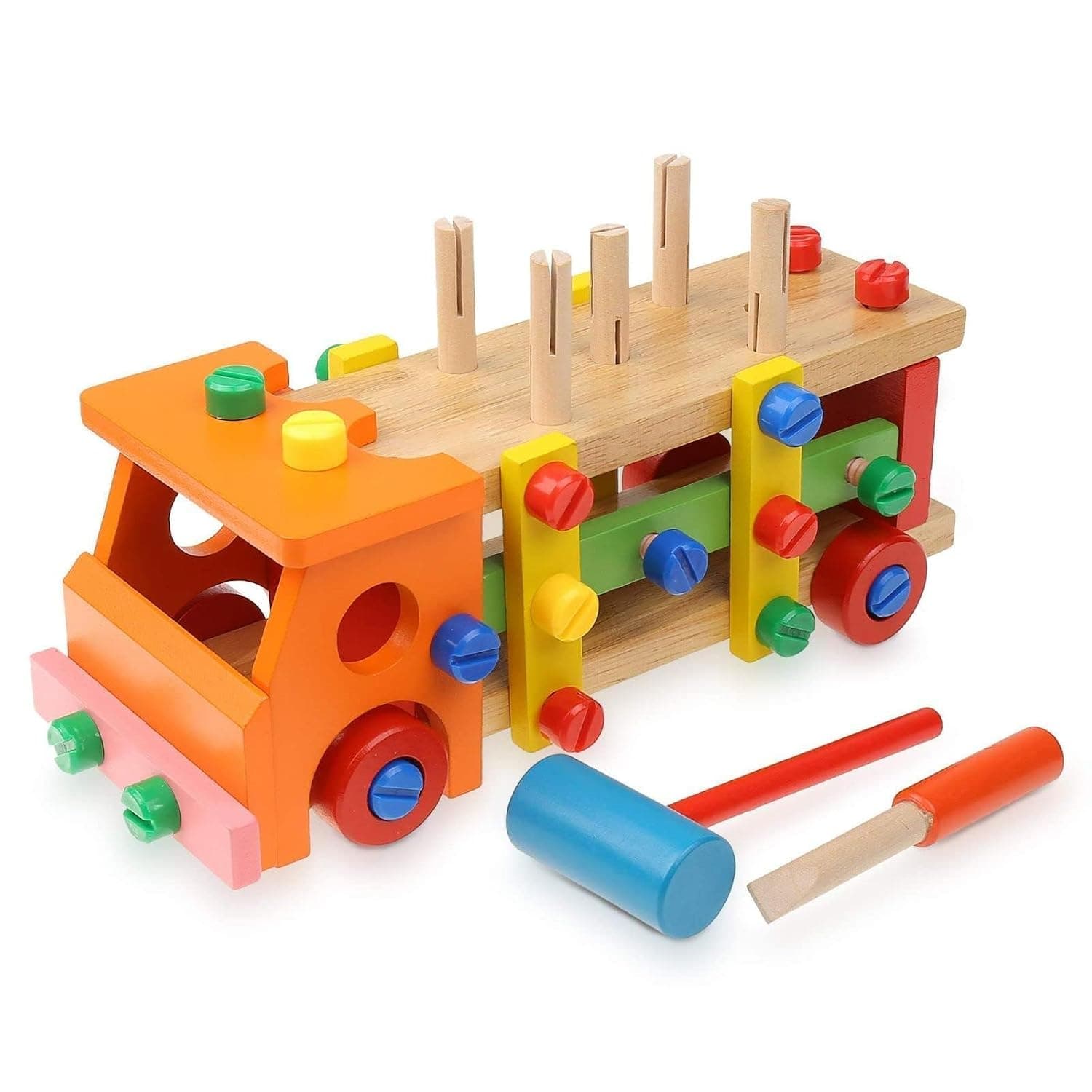 Joyzzz Wooden Truck Toy, 34 Piece Kids Construction Tool Set with Hammer and Screwdriver, Montessori Inspired Building Blocks for Toddlers Age 3, Preschool Educational Gift for Boys Girls Ages 3-5