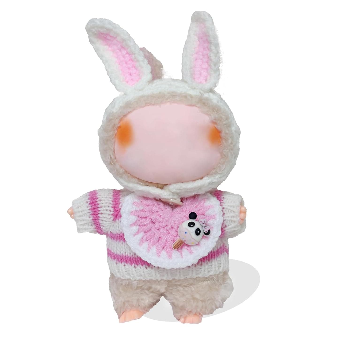 Collectible Doll Clothes & Accessories Set for Labubu 17cm Plush Dolls, 3-Piece Crochet Outfit with Pink Rabbit Theme, for Display & Play