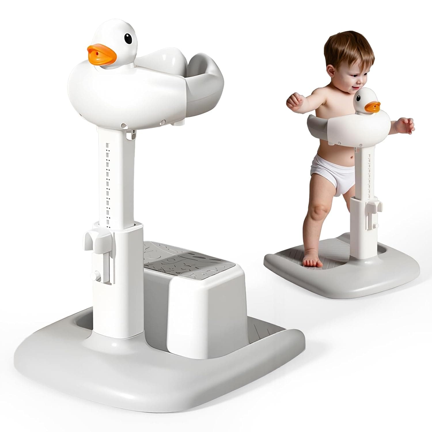 Baby Bath Stand, Height Adjustable Baby Shower Stand with Seat & Anti-Slip Base, Toddler Bath Helper Portable Smart Huggable Duck Bath Tower for Infants Over 6 Months