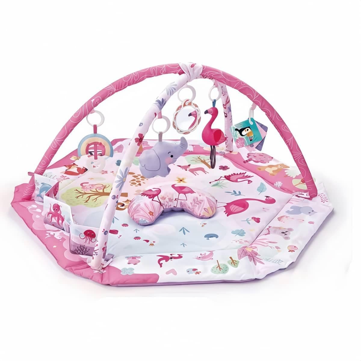 Baby Play Gym Mat, Hexagonal Activity Floor Gym with Soft Washable Tummy Time Mat, Detachable Pendants, Free Ocean Balls, Stage-Based Sensory & Motor Development, 0-36 Months (Pink)
