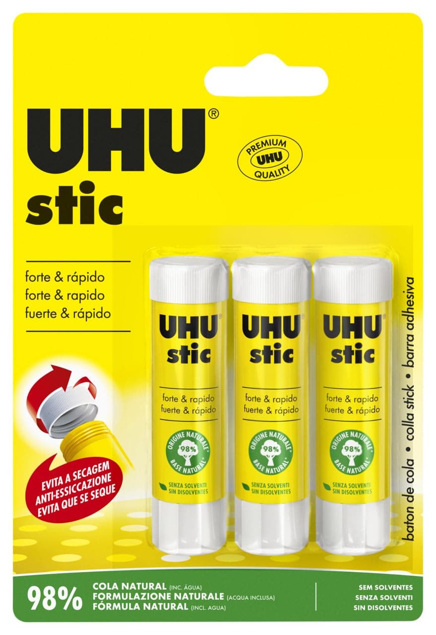 UHU STIC, The Proven Glue Stick - Glues strongly, quickly and permanently, without solvent, 8.2g, Set of 3, White