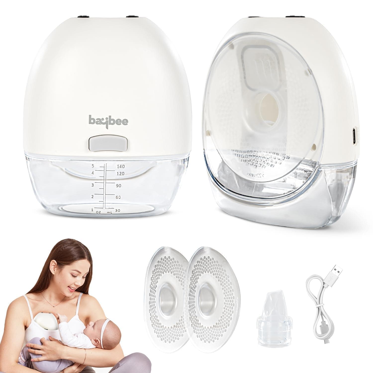 Baybee Wearable Electric Breast Pump for Mothers | Hands-Free Breast Milk Pump | 4 Modes, 12 Suction Levels | 180ml BPA-Free | USB-C Fast Charging | Smart Auto Stop | Ultra Quiet (White)