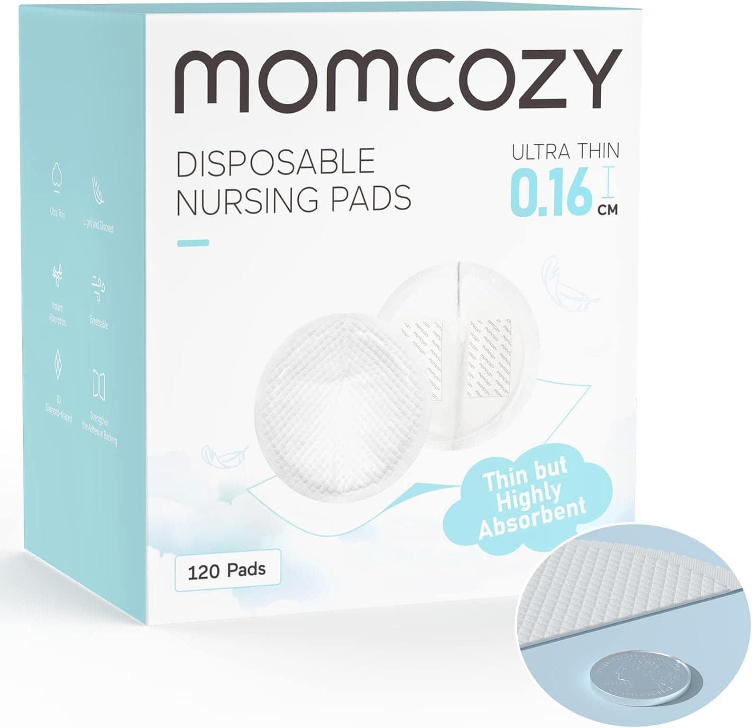 Momcozy Ultra-Thin Disposable Nursing Pads, Super Absorbent and Breathable Breastfeeding Pads, Make The Breasts Light and Unburdened, 3D Shape for The Best Fit, Individually Packaged(120 Count)