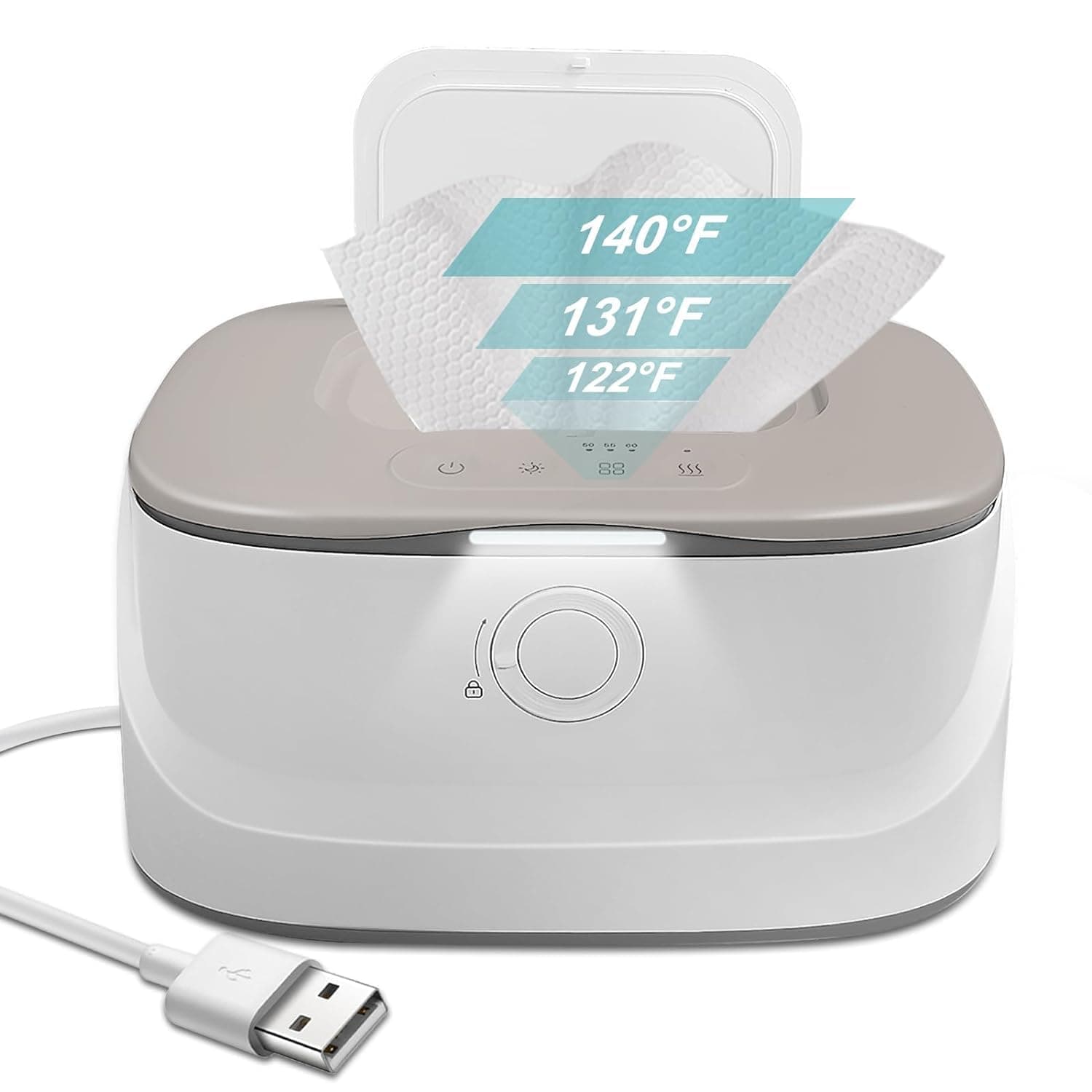 Baby Wipe Warmer with Light, Wet Wipes Dispenser Warmer with Pop-Up Holder, USB Charging, Portable Large Capacity Diaper Warmer, Adult Nursery, Baby Newborn Essential Must Haves, Three Temperature