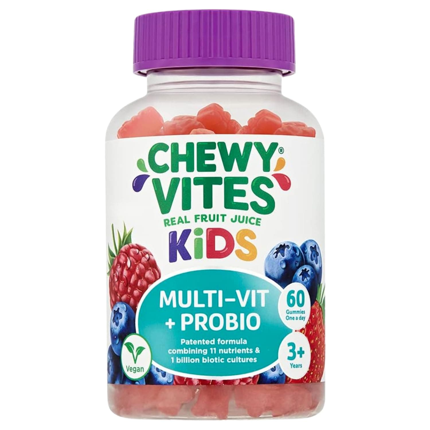 Chewy Vites Kids | Multi-Vit & Probio 60 Gummy Vitamins | 11 Essential Nutrients| 1 Billion Cultures |2 Months Supply | Real Fruit Juice | Vegan | 3 Year+