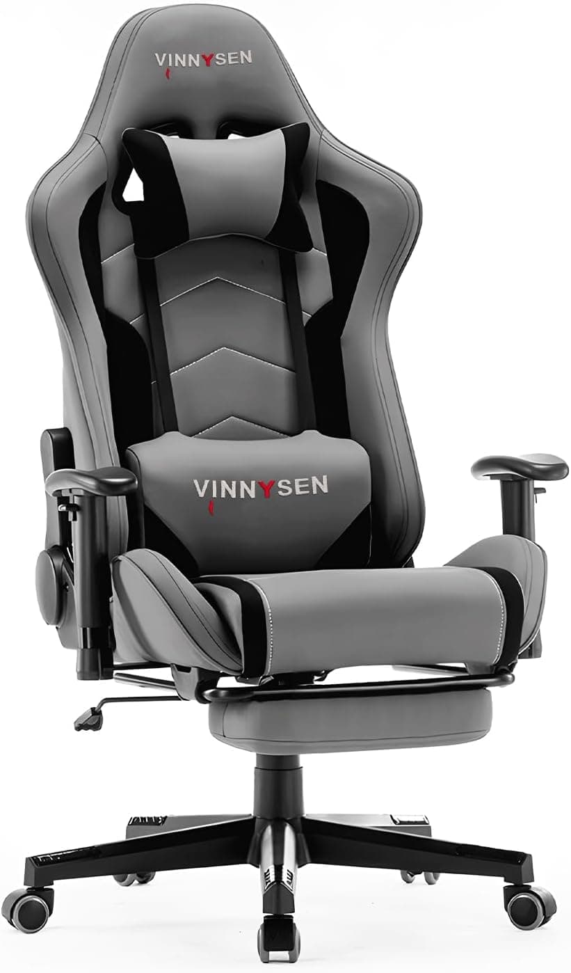 VINNYSEN Gaming Chair Computer Chair, Ergonomic High Back Fabric GamingChair 3D Handrail, Tilt 180° and Height Adjustable ComputerChair with Neck and Massaging Lumbar Support (Grey)