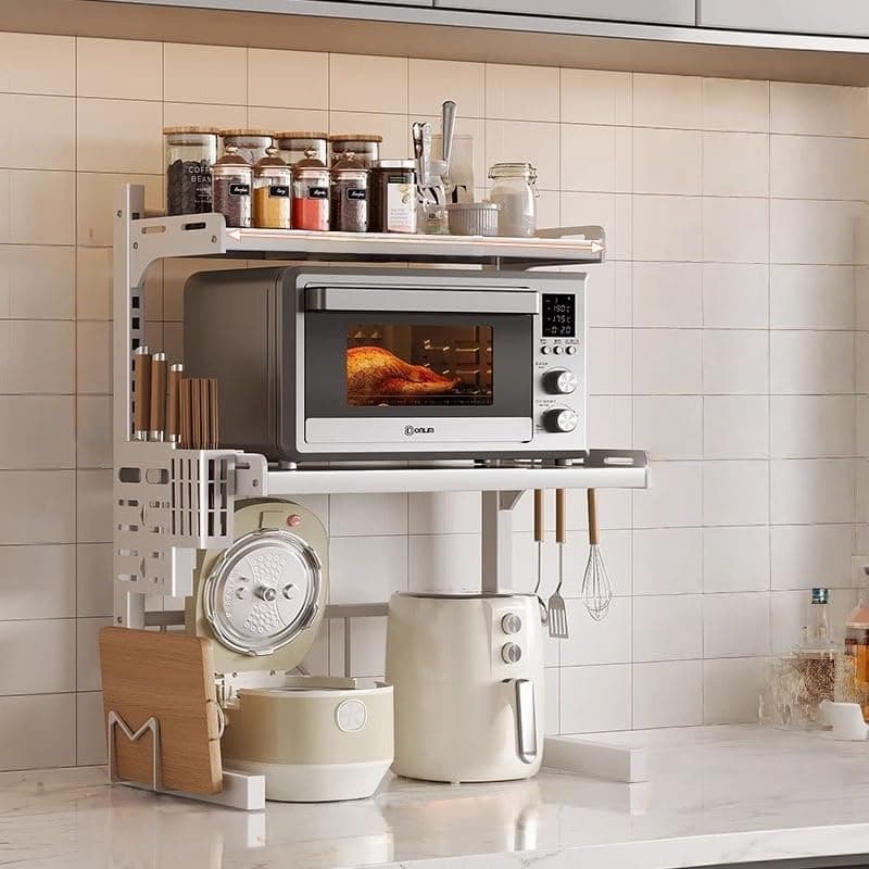 Jorunb Adjustable Microwave Oven Rack Expandable Kitchen Shelf Stand Metal Kitchen Countertop Organizer Shelf Bakers Rack Shelf Kitchen Duty Stand Chopping Board Knife Rack Cutlery Cage (1)