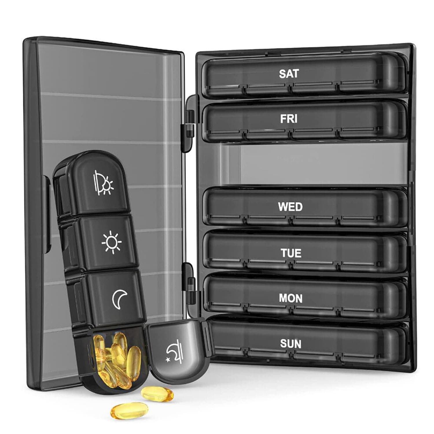 Joyzzz Weekly Pill Organizer, 4 Times a Day with 7 Daily Large Pill Box, Portable Travel Pill Box, Easy to Use, Light Proof Pill Case for Vitamins, Medication, Supplements and Fish Oils (Black)