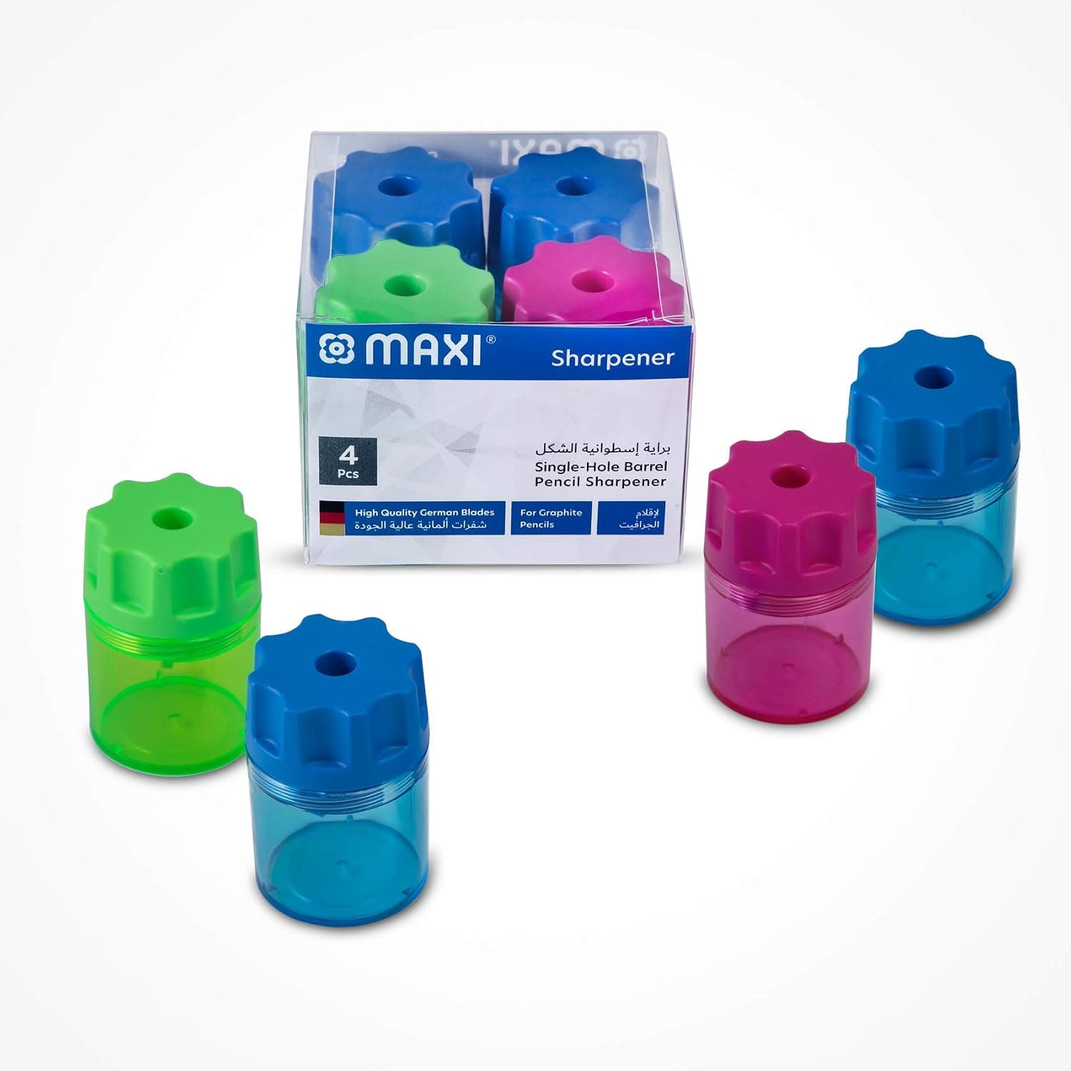 MAXI SHARPENER COLOUR BARREL SINGLE HOLE 4PC BOX