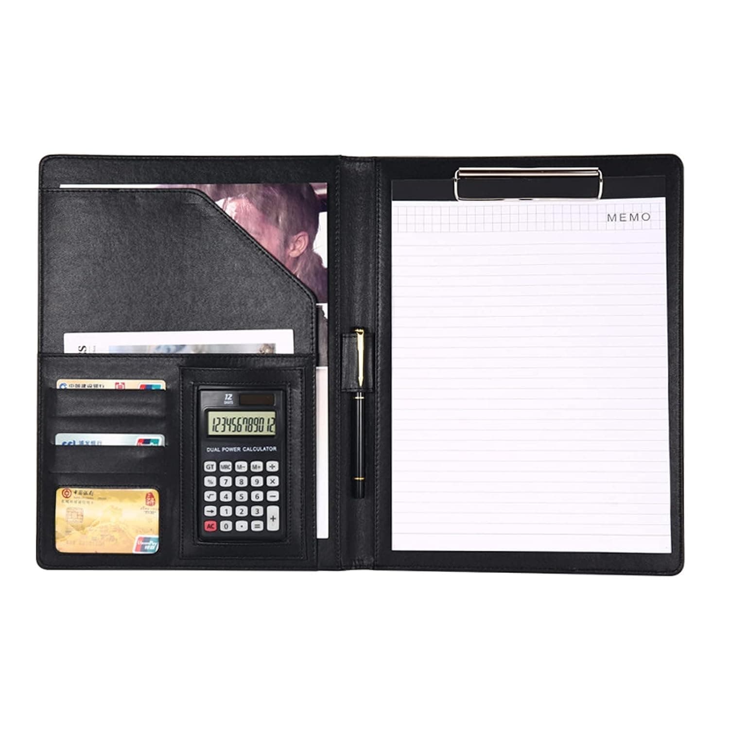 Professional Leather Padfolio Folder with Clipboard, A4 Document Sleeve, Card Holders and Calculator, Executive Business Portfolio for Conferences and Office Use (Black)