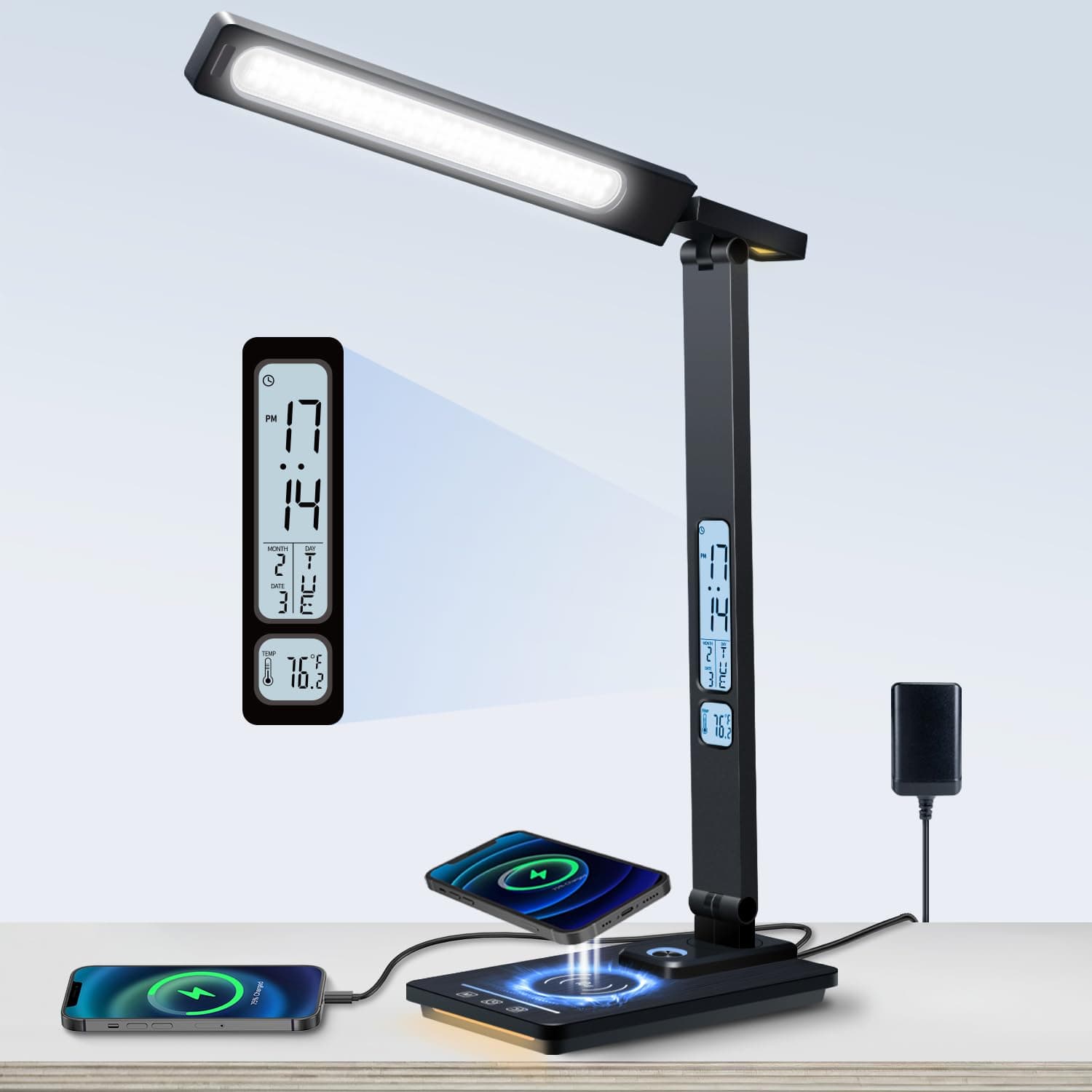 LED Desk Lamp with Wireless Charger & USB Charging Port, 5 Colors 5 Brightness Dimmable Eye-Caring Table Lamp with Night Light, LCD Screen Clock Temperature Timer Touch Control Bedside Lamp