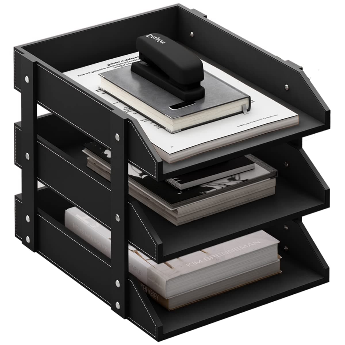 Leather Desk Organizer, 3-Tier Stackable Letter Tray Holder for Office Supplies, Paper, File, Magazine, Perfect Office Organization for Desktop (Black-3Tiers)