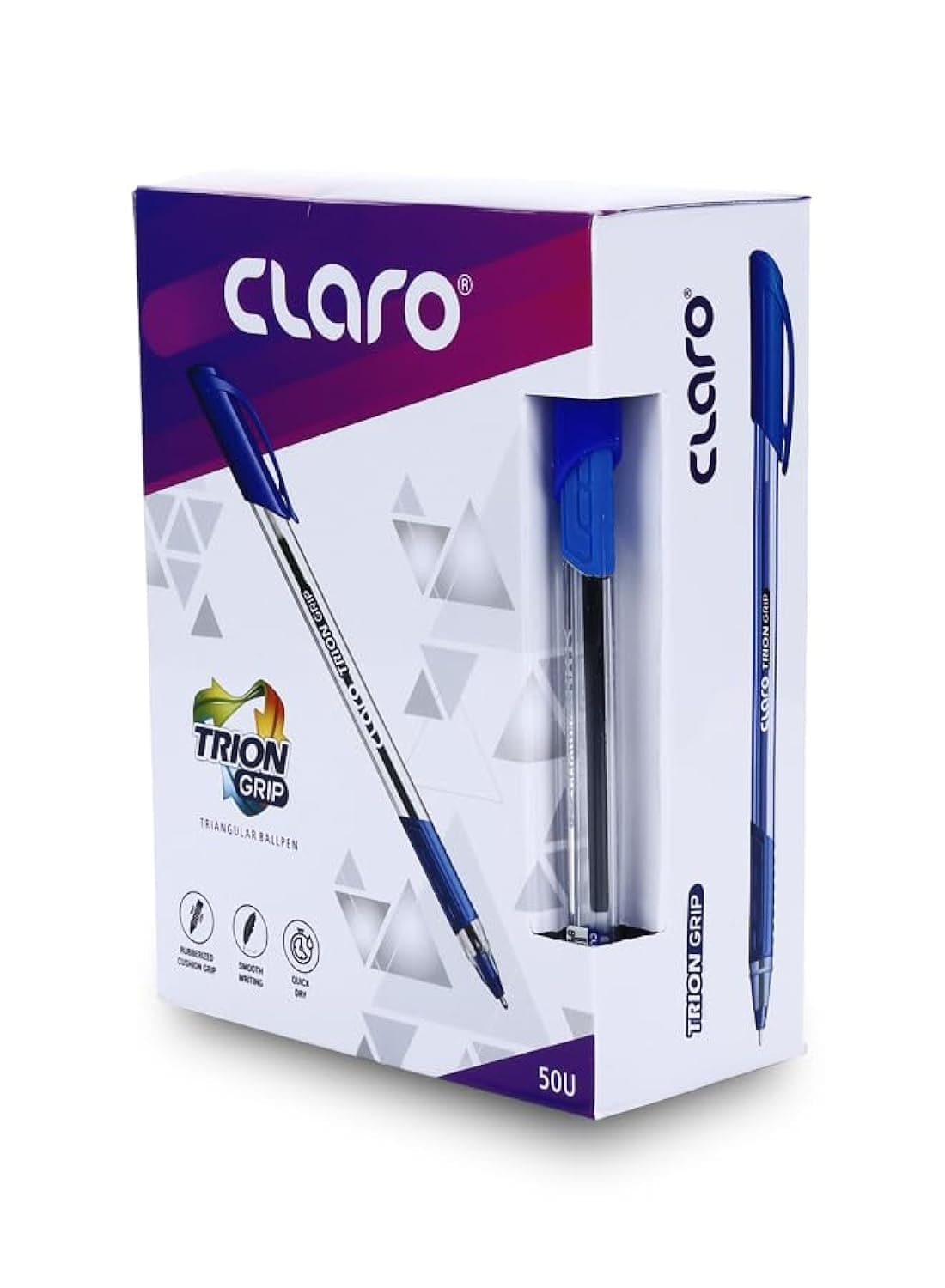 Claro Trion Grip Triangular Ball Pen, 1.00mm, Blue Color Lightweight Ball Pens for Pressure Free and Fine Writing Pens with Comfortable Rubberised Cushion Grip|For School and Office Use 50pcs/Box