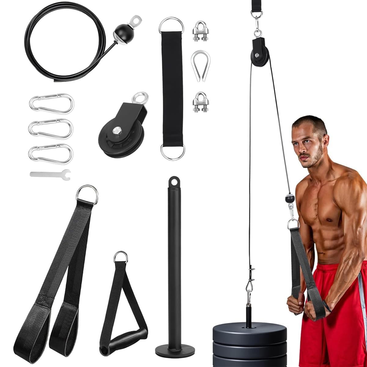Pulley System Gym, Weight Cable Machine Pulley Attachments with 2m Cable, 3 Carabiner, Silent Pulley, Hanging Strap, Loading Pin, Tricep Ropes, Home Gym Equipment for LAT Pull Down Biceps Curl Workout
