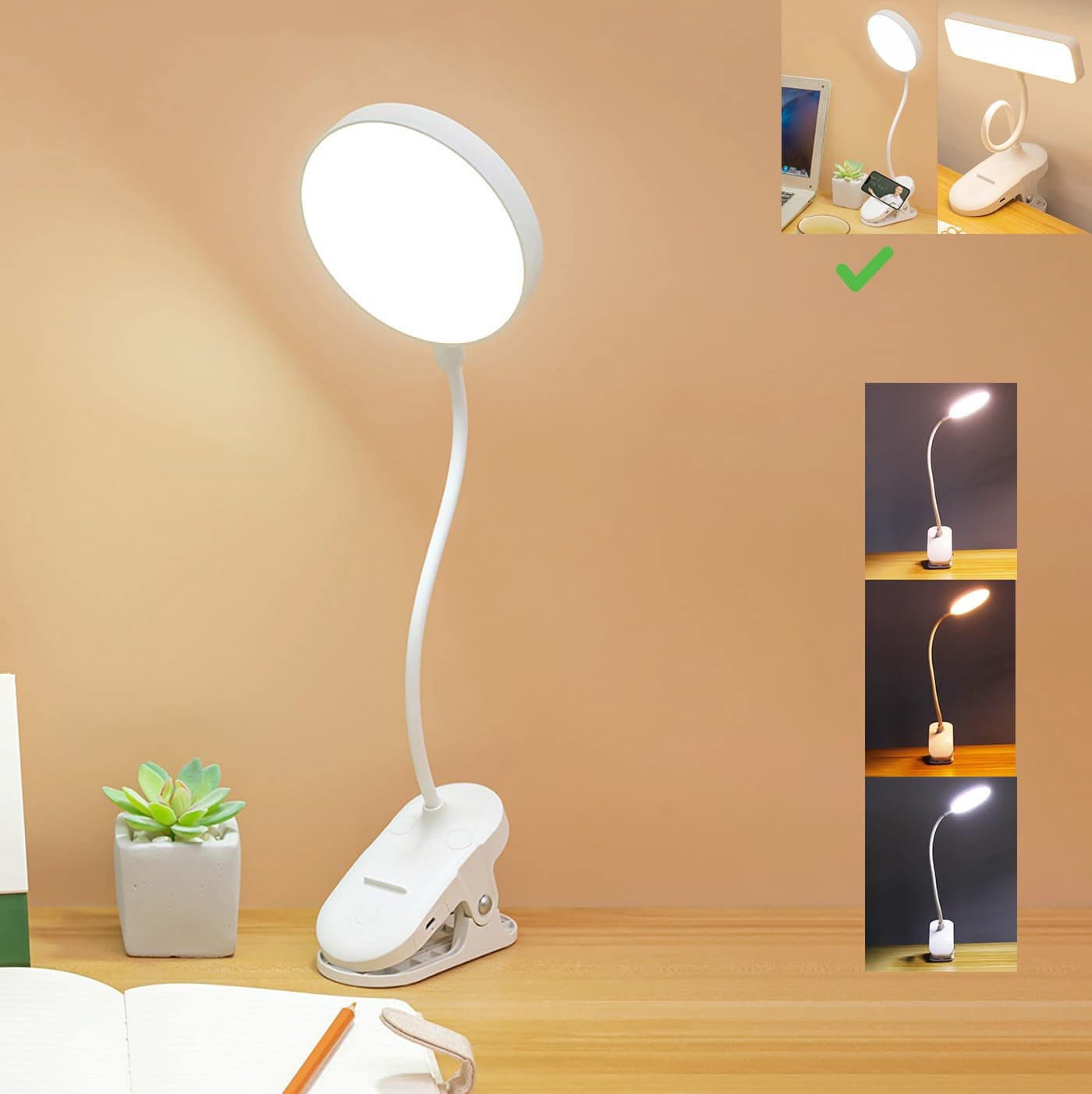 LED Desk Lamp, Reading Light with 3 Brightness, Rechargeable, Touch Control, Dimming, Eye-caring Table Lamp for Home Office Bed Kids Study Book, White
