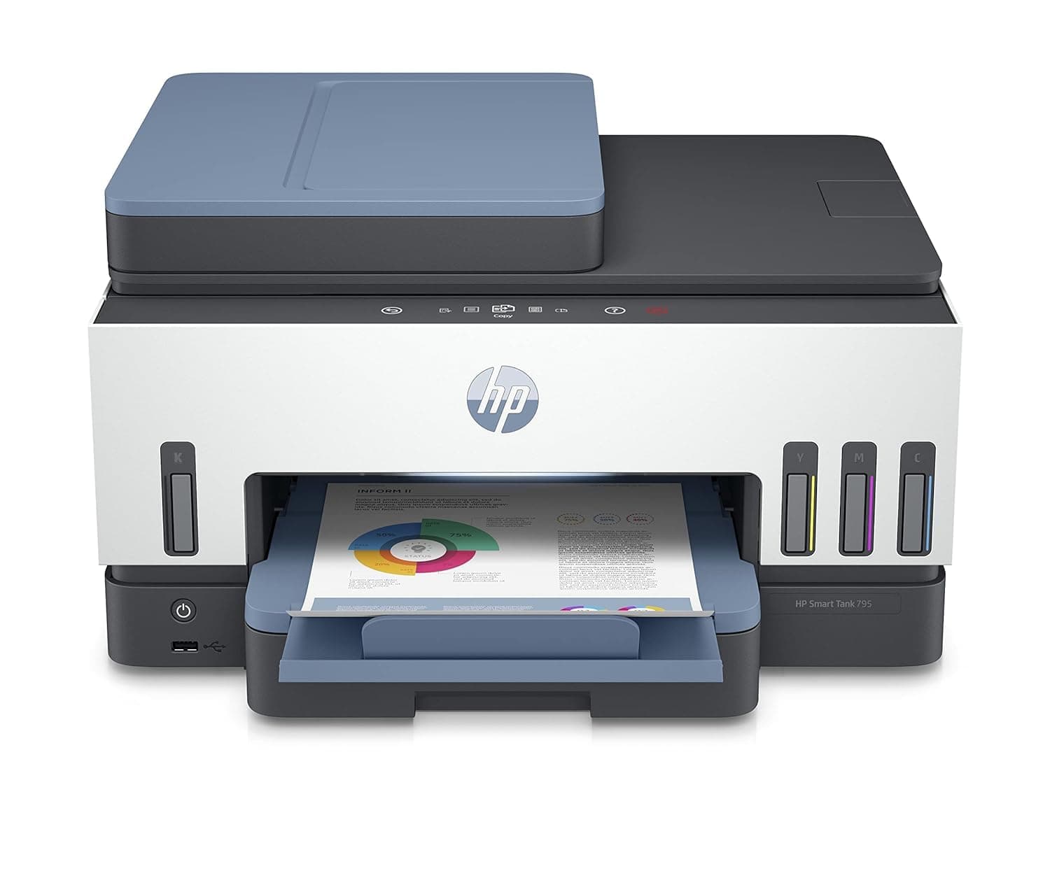 HP Smart Tank 795 All-in-One Printer, Wireless, Print, Scan, Copy, Fax, Auto Duplex Printing, Document Feeder, Upto 3 years of printing already included, White/Blue - 28B96A