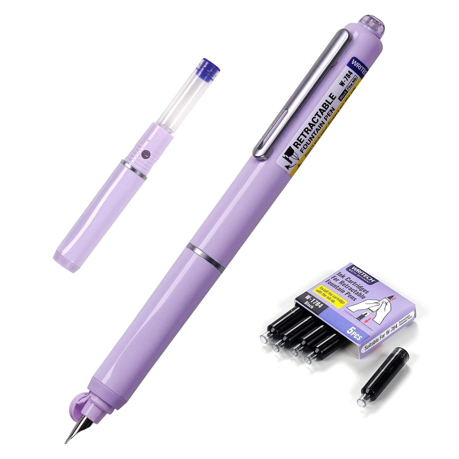 WRITECH Fountain Pen Fine Nib: Retractable Black Ink Pens Hatch Door Set Includes 5 Ink Cartridges Smooth Writing for Calligraphy Sketching Journaling (Purple)