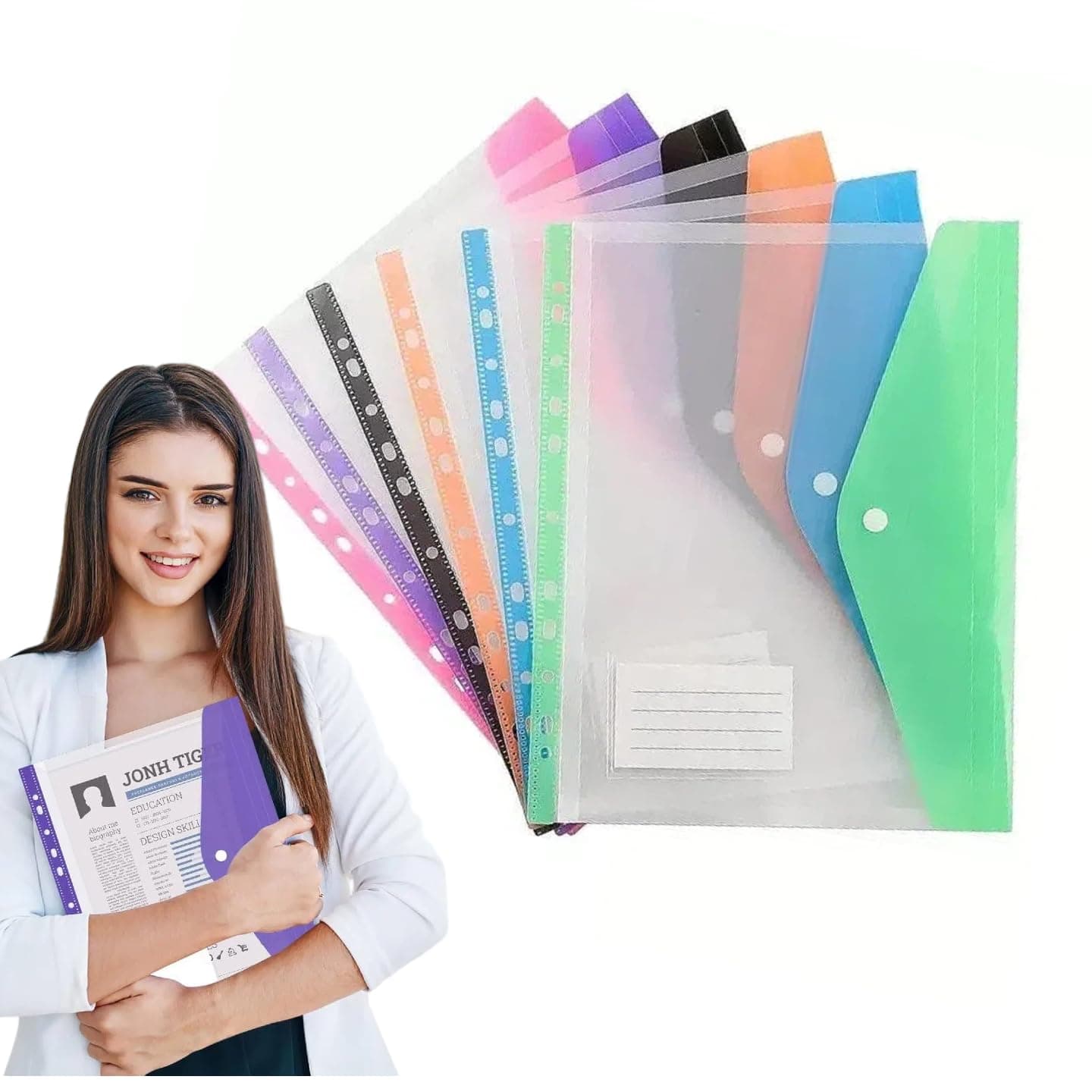 6Pack Plastic Envelopes Binder Pocket - Binder Folders 11 Holes Expandable Binder Folders for 2/3/4 Ring Document Pouch with Snap Button & Label Loose-Leaf Transparent for Office School Home