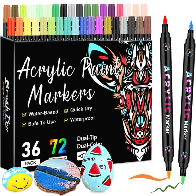 36 Acrylic Paint Markers - Paint Pens for Drawing, Brush + Fine Tips - For Fabric, Rock, Glass, Wood, DIY - Art & Craft Supplies for Adults, Teens, Kids - Teacher Appreciation Gift (36)