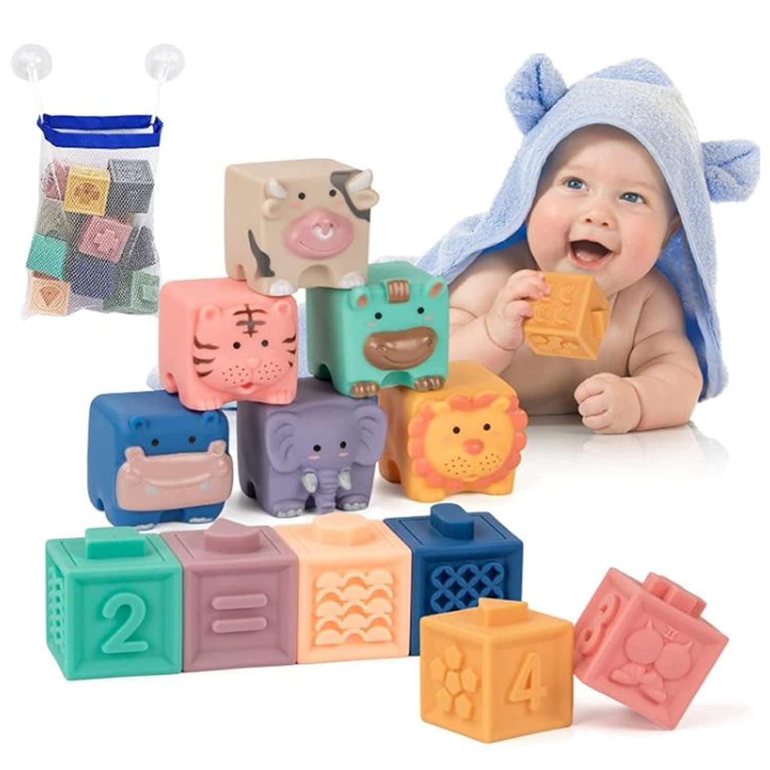 AM ANNA Baby Blocks Toys Soft Stacking Blocks Montessori Learning Babies Infant Teething Chewing Toy, Squeeze Sensory Toys, Bath Toy for Toddler Baby Girl Boy with Suction Cup Storage Bag