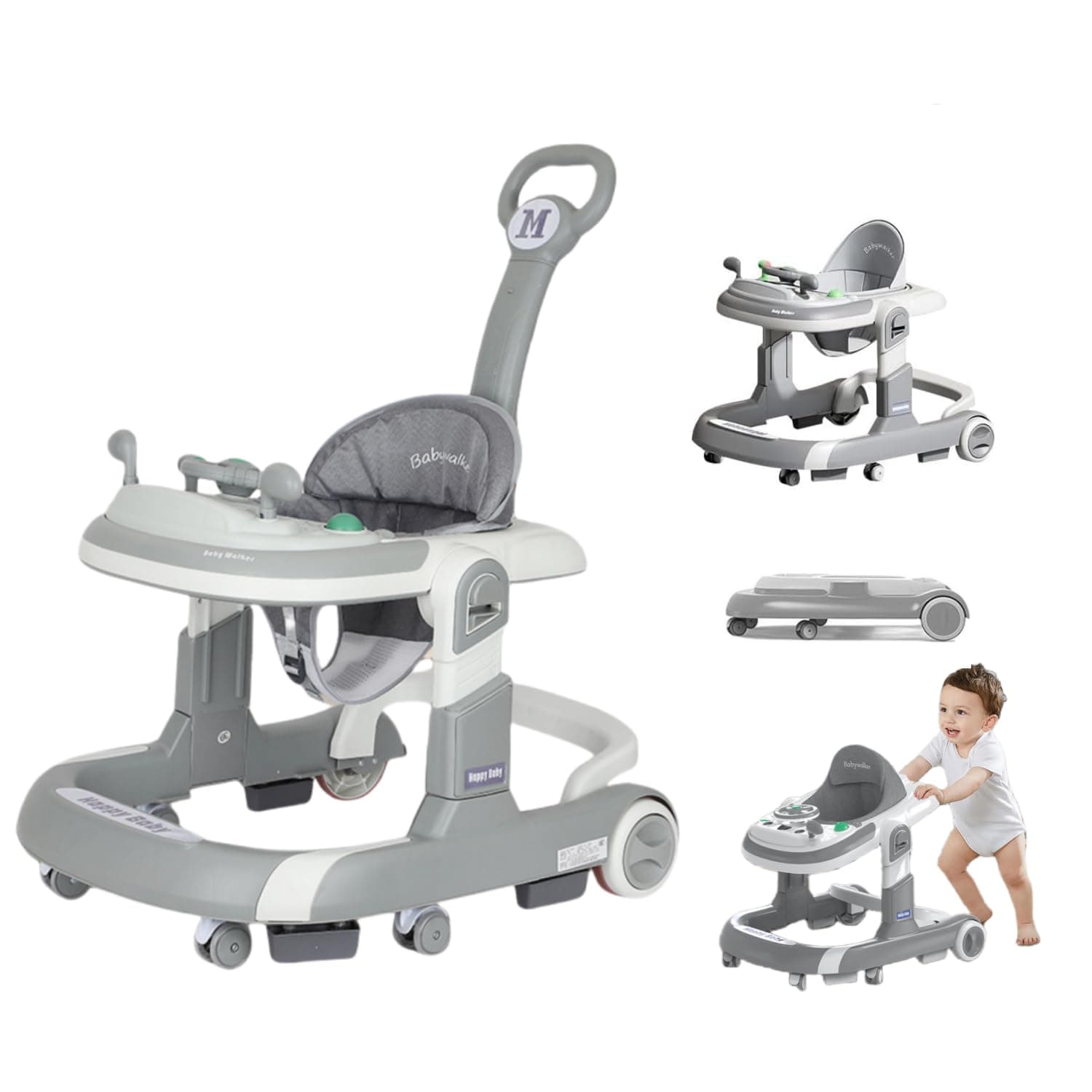 SKY-TOUCH 4-in-1 Foldable Baby Walkers with Wheels and Baby Activity Center Toys Tray with Music, 4-Gear Height Adjustable Infant Toddler Baby Walker, Baby Walker for Boys and Girls from 6-24 Months