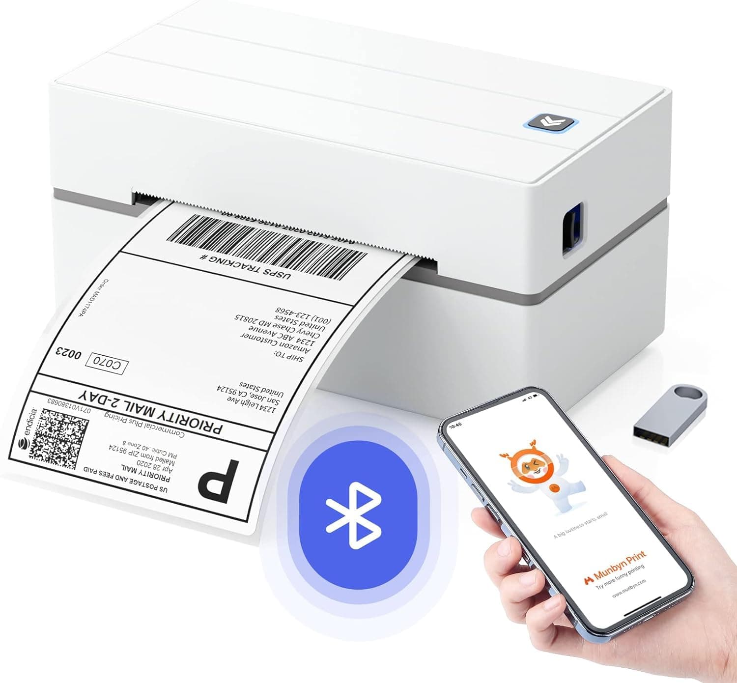 MUNBYN Shipping Label Printer Bluetooth Connection, Thermal Label Printer 4x6, Postage Thermal Printer for Business, Compatible with Etsy, Shopify, eBay, Amazon, Royal Mail, DHL, DPD, Evri, White