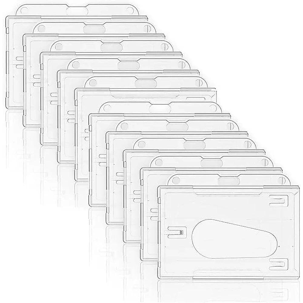 Hard Plastic ID Badge Holder - 10 PCS Clear Horizontal Card Protector with Thumb Slot and Chain Holes - Anti-Glare Frosted Rigid Sleeve for Office, School, and Exhibition Passes