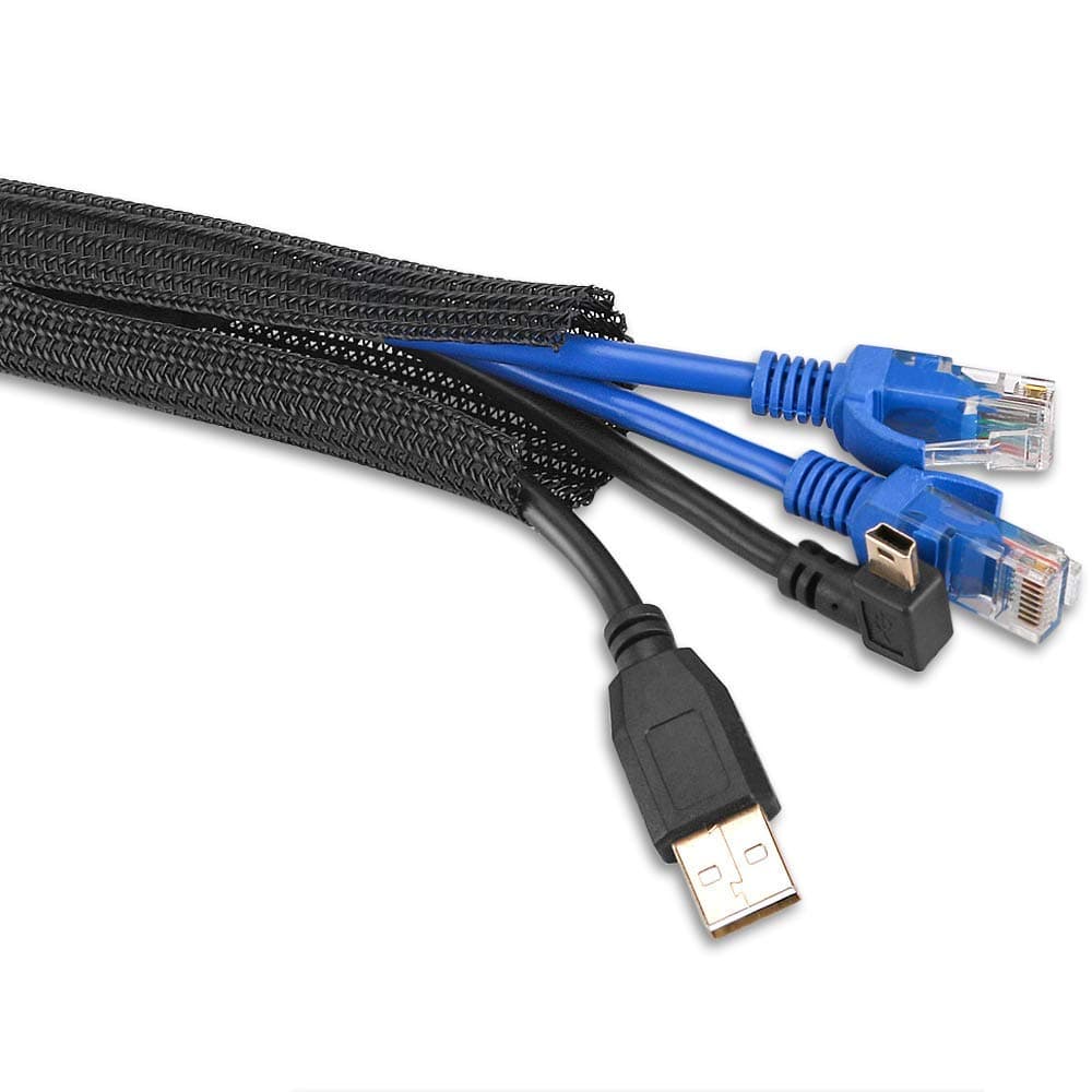 AGPTEK 2M Cable Tidy Sleeve Black, 6.56ft Cable Sheath Animal Proof Braided Wire Sleeve with Flame Retardancy Lead Cover for TV Computer Home Theater Car