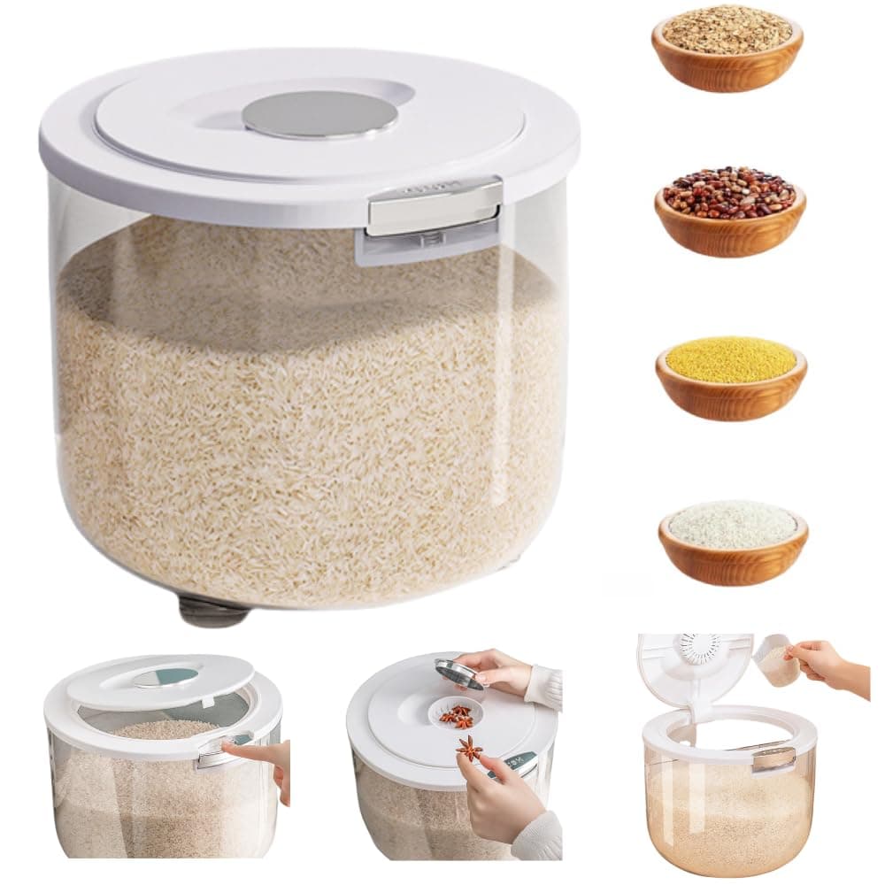 Rice Storage Container, Large Food Container Rice Holder Bin with Measuring Cup for Flour, Sugar, Oatmeal, Kitchen Pantry Organization and Storage (Round-21 * 23.5cm)