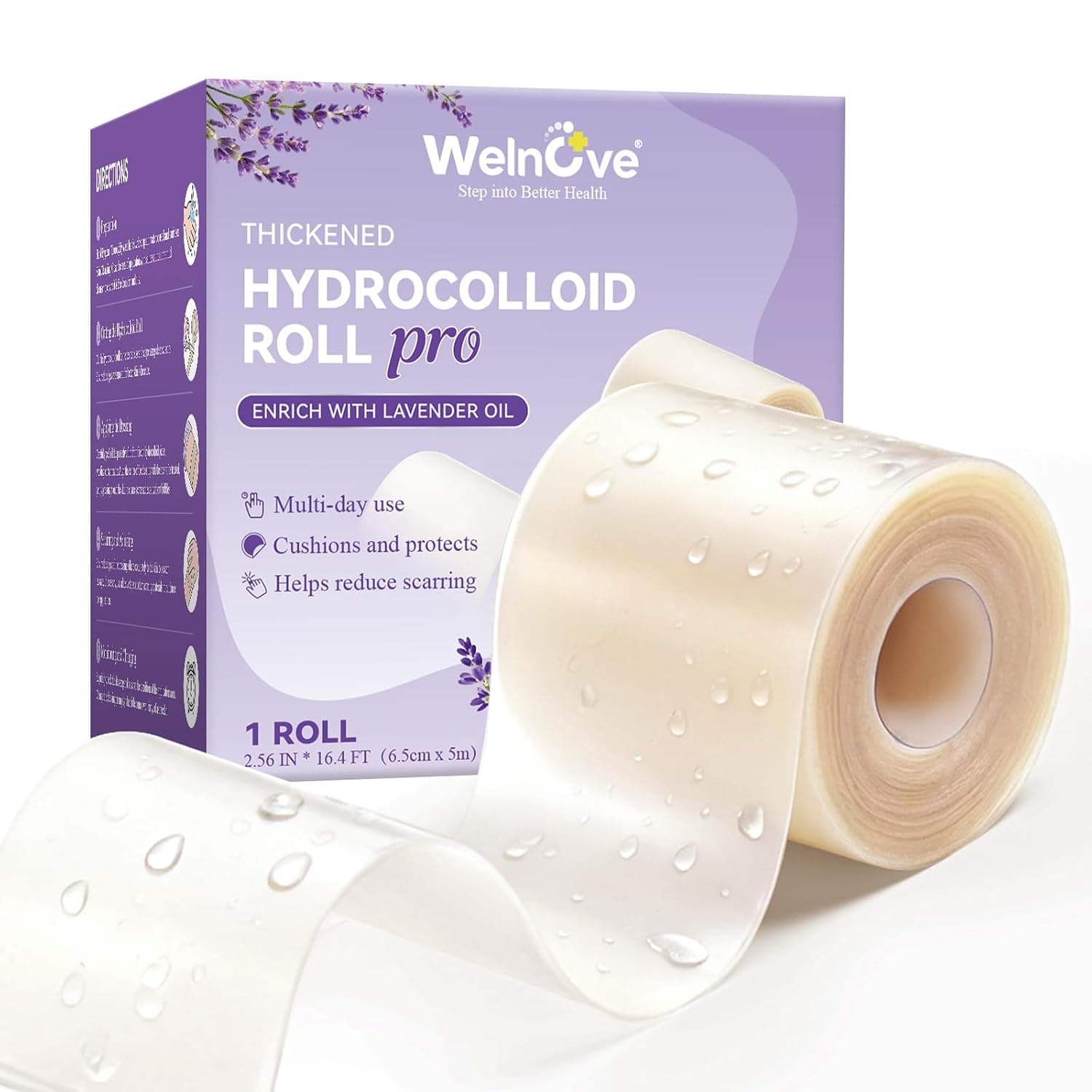 Welnove Hydrocolloid Roll for Wound Care - 2.56in x 16.4ft Cut to Fit - Hydrocolloid Patch Bandages with Lavender, Ultra Absorbent for Burn, Blister, Acne Care, Flexible & Waterproof