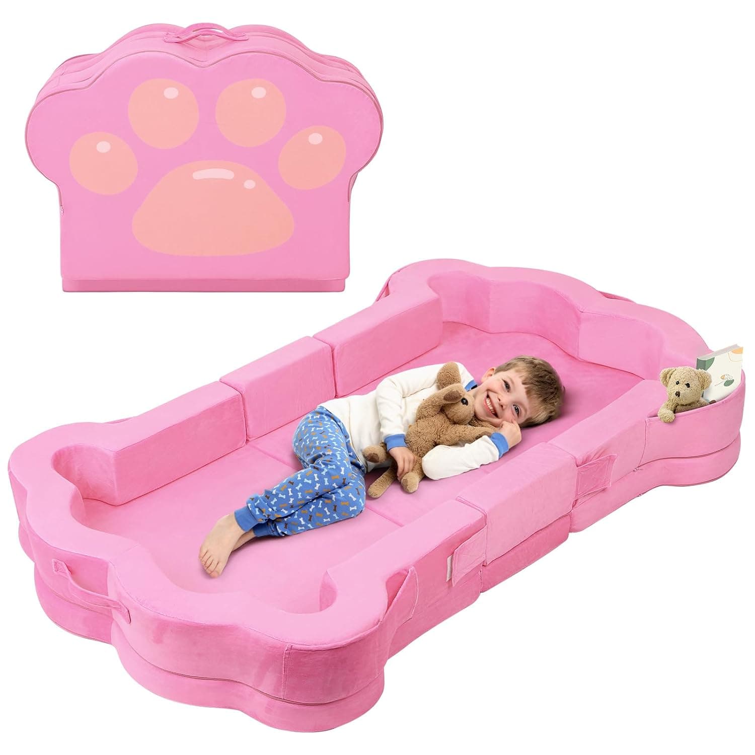 whiffee Foldable Portable Toddler Travel Bed,Toddler Floor Bed with Washable Cover for Kids,Soft and Safe (Pink)