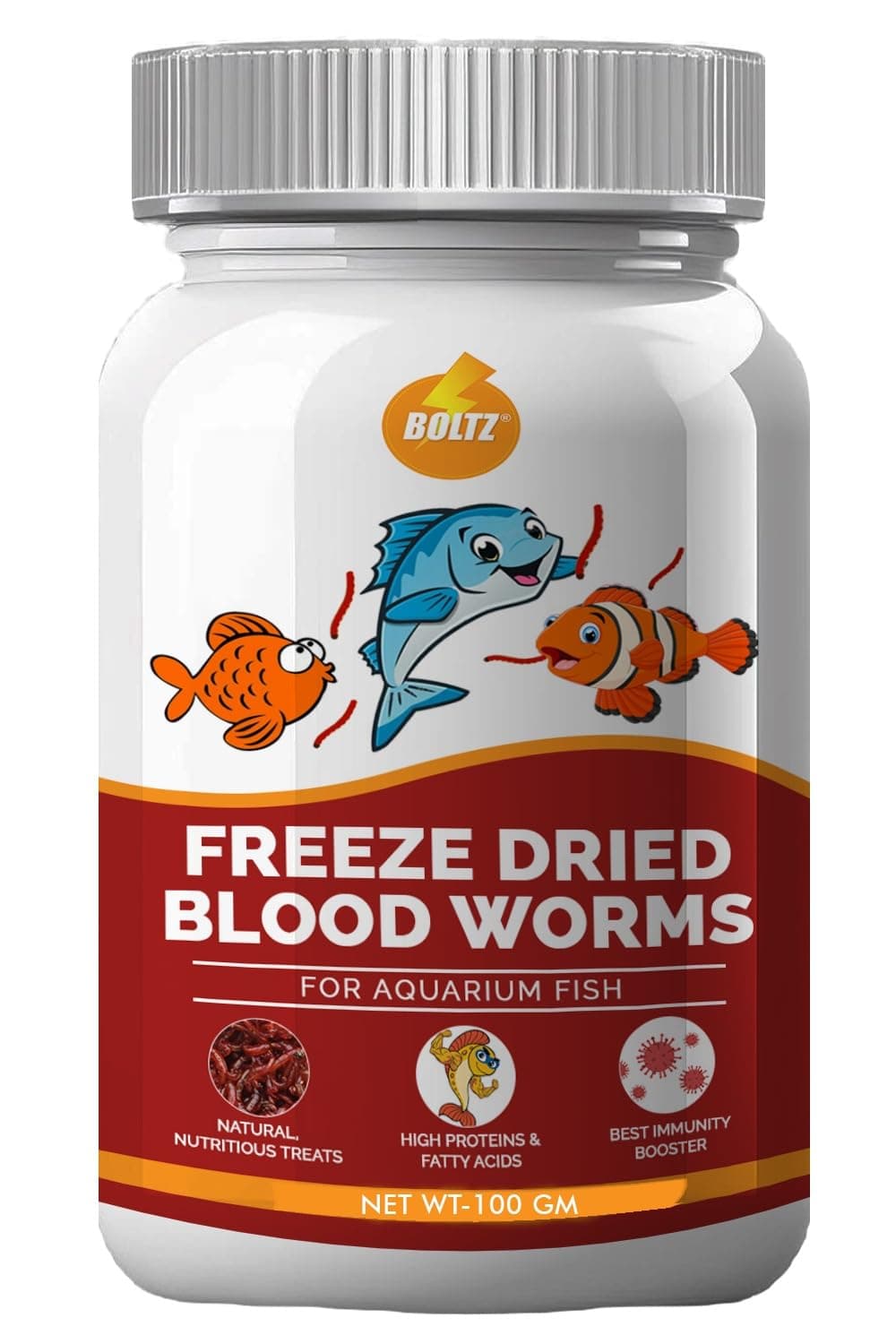 BOLTZ Freeze Dried Blood Worms Fish Food 100 Grams for Bettas, Tetras, Arowana, Flowerhorn, Oscar Fish (100 Gm) - All Life Stages