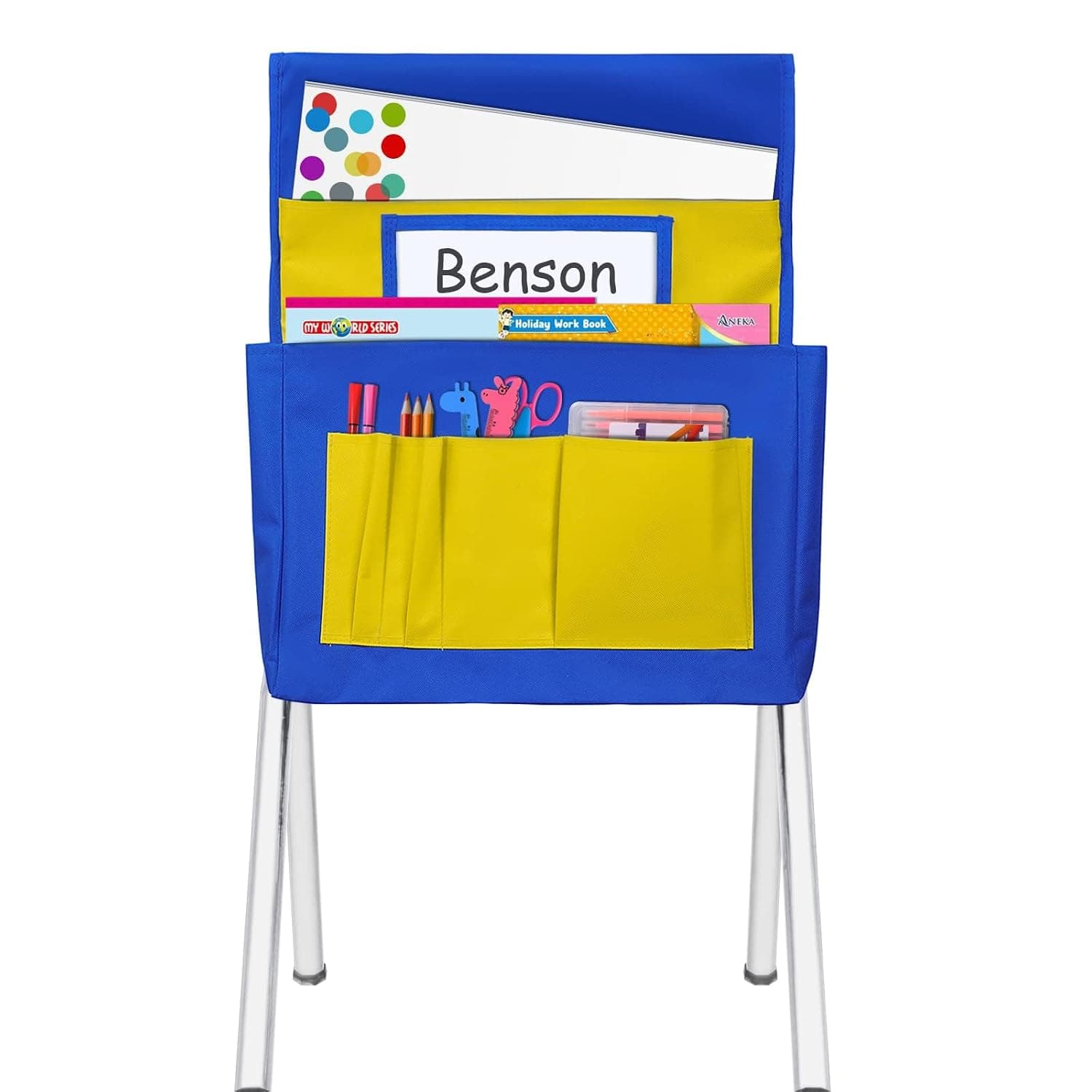 Chairback Buddy Pocket chart, Canvas Seatback Stuff Storage Pocket - Home, Classroom, Group Team Organizers for Child (Blue+yellow)