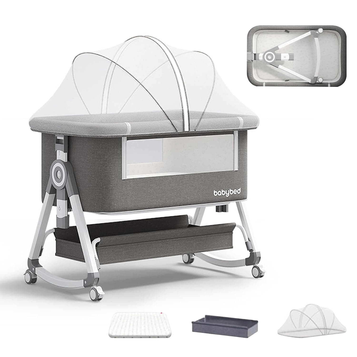 4 in 1Baby Crib Baby Bassinet Bedside Sleeper, 6 Adjustable Height Cosleeper for Baby, Easy Folding Portable Baby Bed Rocking Bassinets with Comfy Mattress Mosquito Net Storage for Infant Newborn