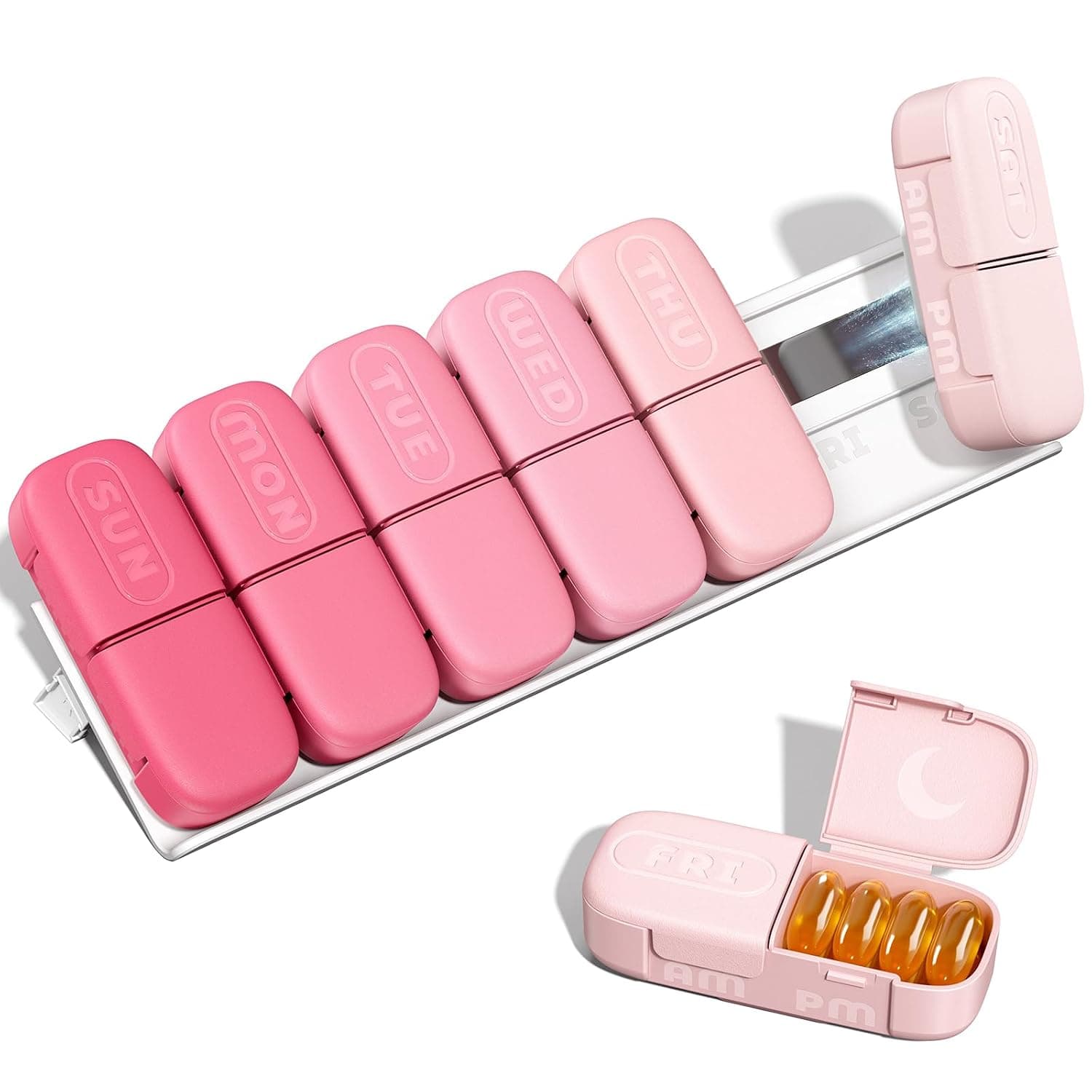 Daviky Magnetic Pill Organizer 2 Times a Day, Weekly AM PM Pill Case, Pill Box 7 Day with Magnets and Stand, Large Medicine Organizer for Medication, Vitamins and Supplements, Gradient Pink