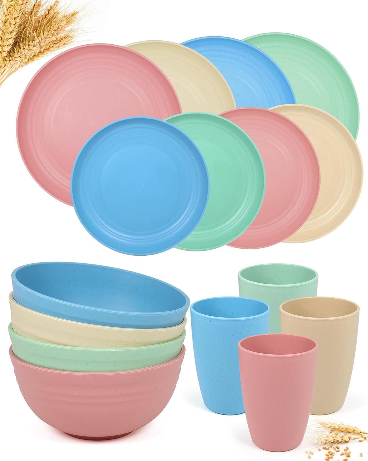 HOOKOR Colorful Wheat Straw Dinnerware Set, Dinner Plates, Dessert Plate, Cereal Bowls, Cups, Unbreakable,for Kitchen, Outdoor, Camping,Dishes,Microwave & Dishwasher Safe (16)